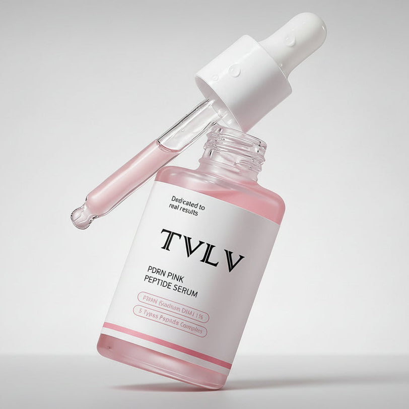 TVLV PDRN Pink Peptide Serum bottle with dropper on a pink background